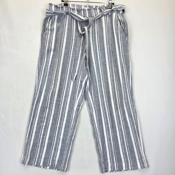 LOFT Pants - Loft Wide Leg Linen Pants Women M Gray White Striped Slash Pockets Tie Waist
